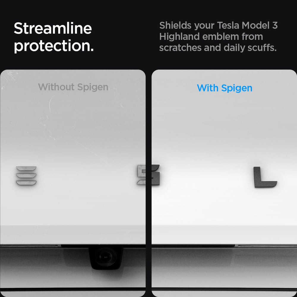 Sleek black finish adds a modern look to the Model 3 Highland emblem area.