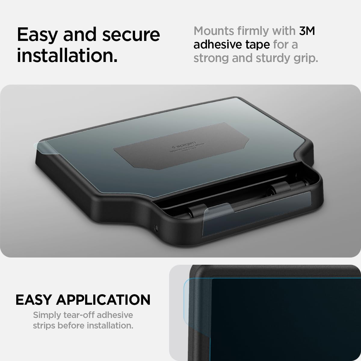 Spigen One-Tap Hidden Storage Box demonstrates 3M adhesive mounting on a Tesla surface.