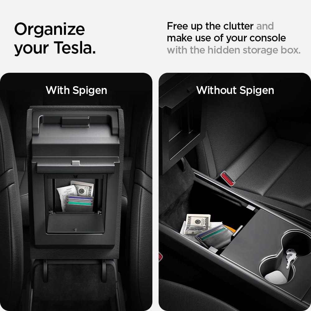 Spigen One-Tap Hidden Storage Box carbon-fiber detailing enhances interior style.