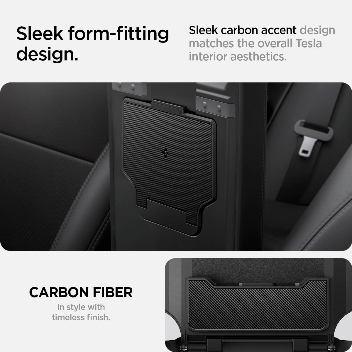 Spigen One-Tap Hidden Storage Box highlighting PC durability inside a Tesla interior.