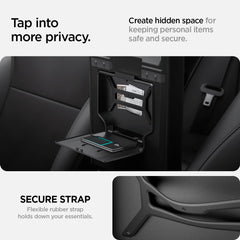 Spigen One-Tap Hidden Storage Box for Tesla Model 3 Highland installs under the armrest for clean look.