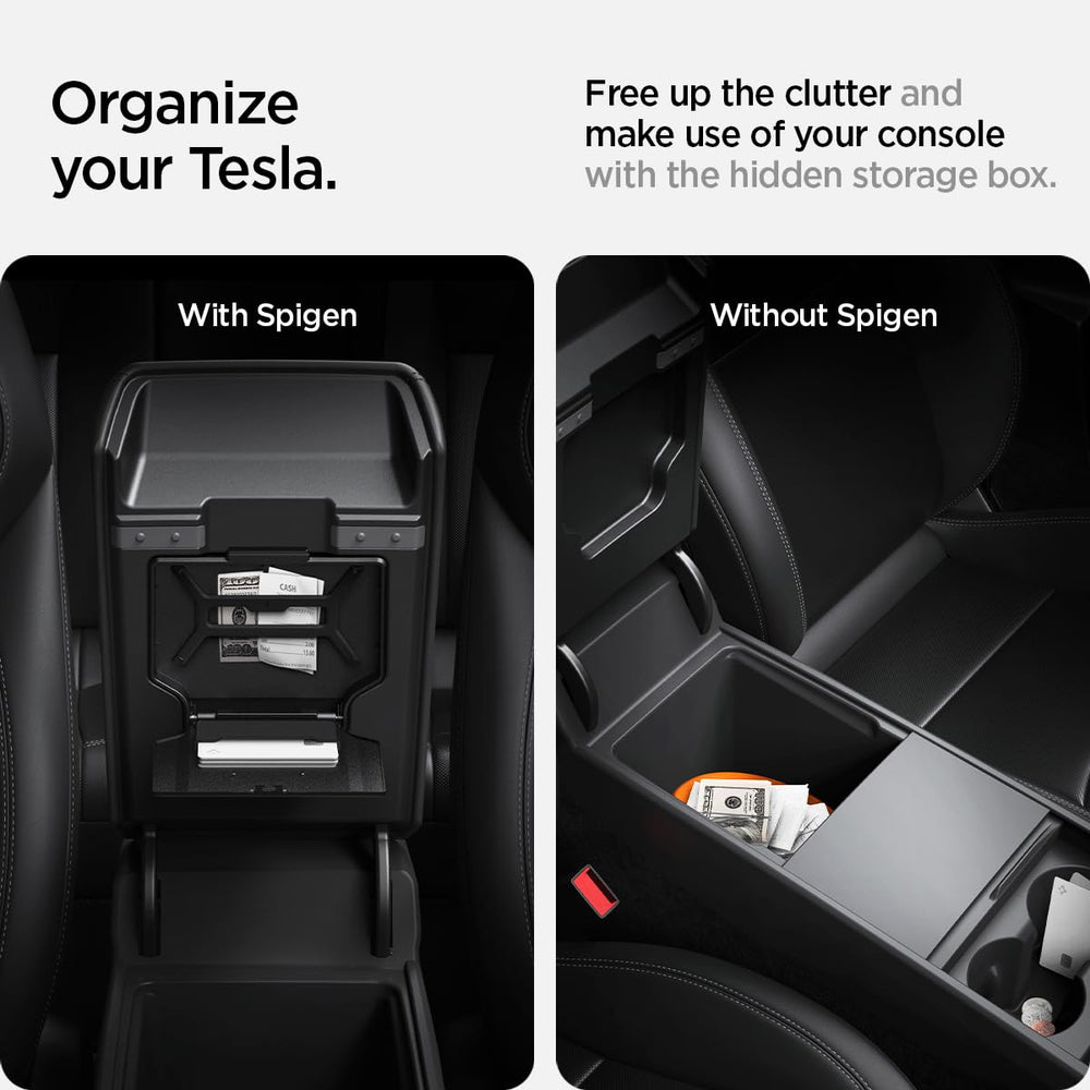 Spigen One-Tap Hidden Storage Box for Tesla Model 3 Highland shown with open access.