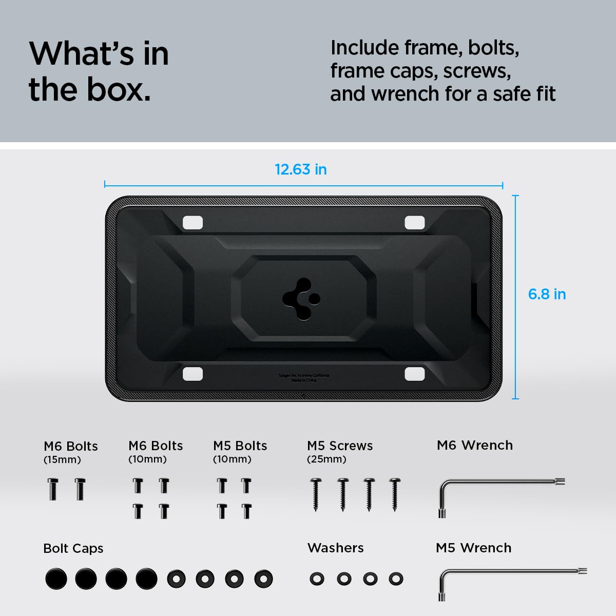 Spigen package includes bolts caps and wrench for easy installation