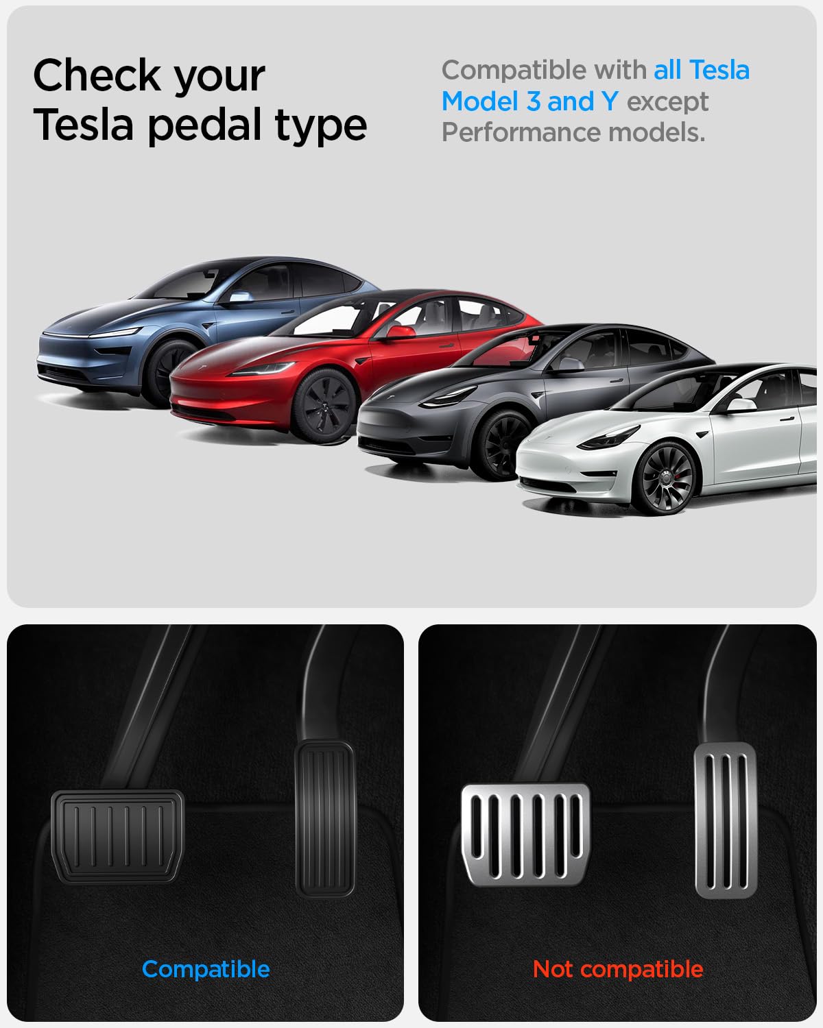 Spigen pedal cover installation step demonstrates EZ Slide-in compatibility.