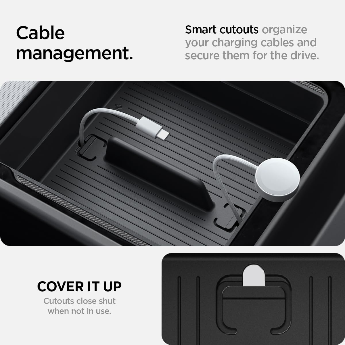 Spigen two cutouts cable management image shows clutter-free center console