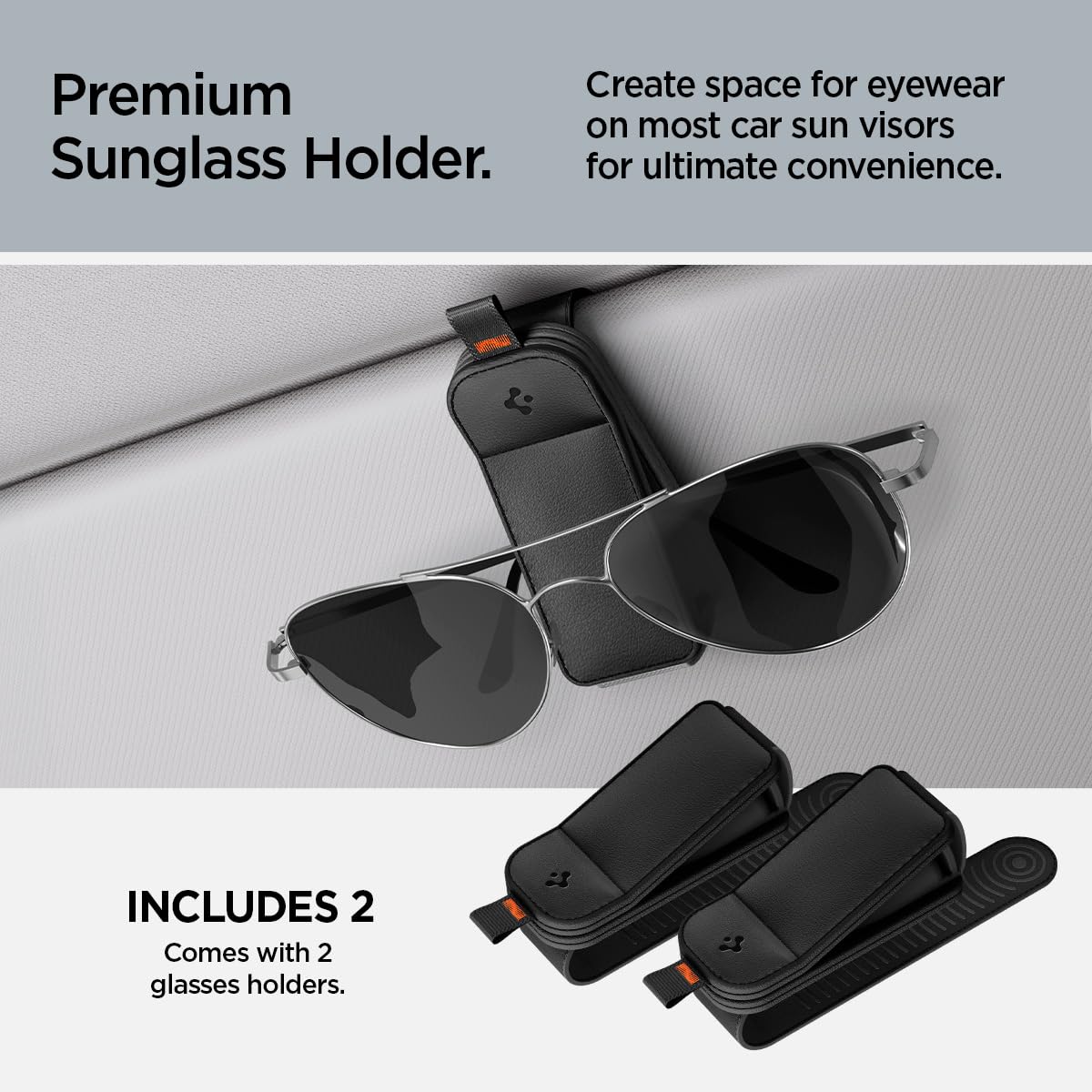 Spigen two-pack car visor holder keeps two glasses organized and within reach.