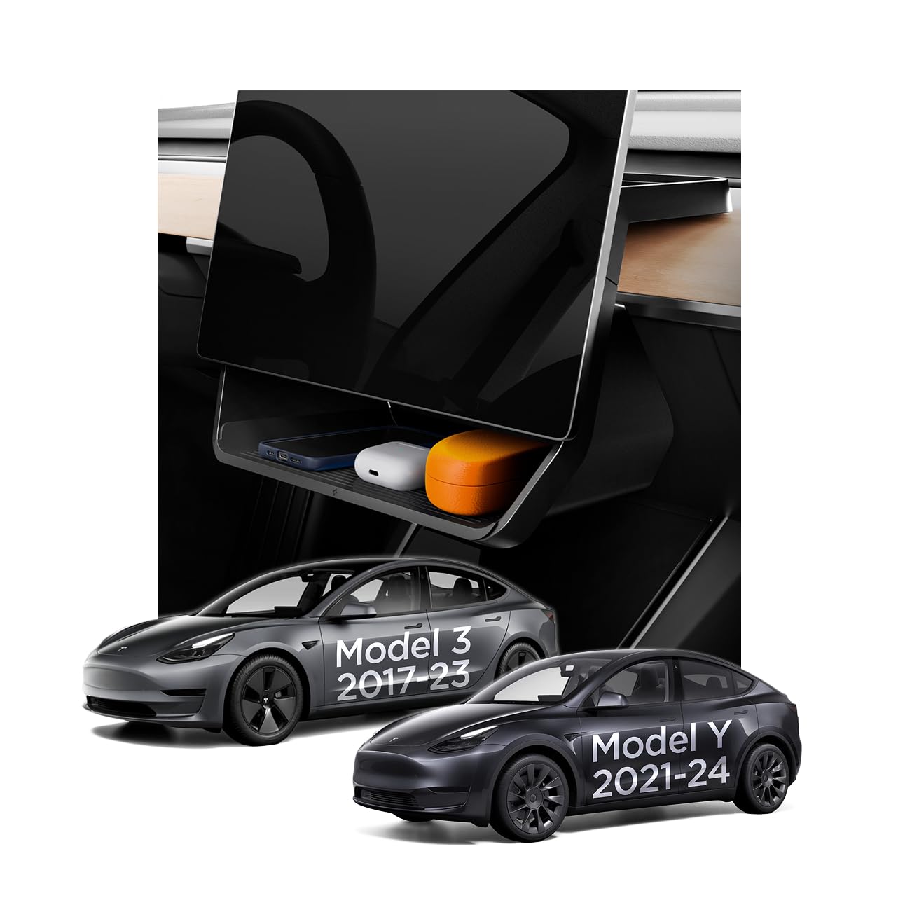 Spigen under-screen organizer in Tesla Model 3/Y interior keeps essentials tidy.