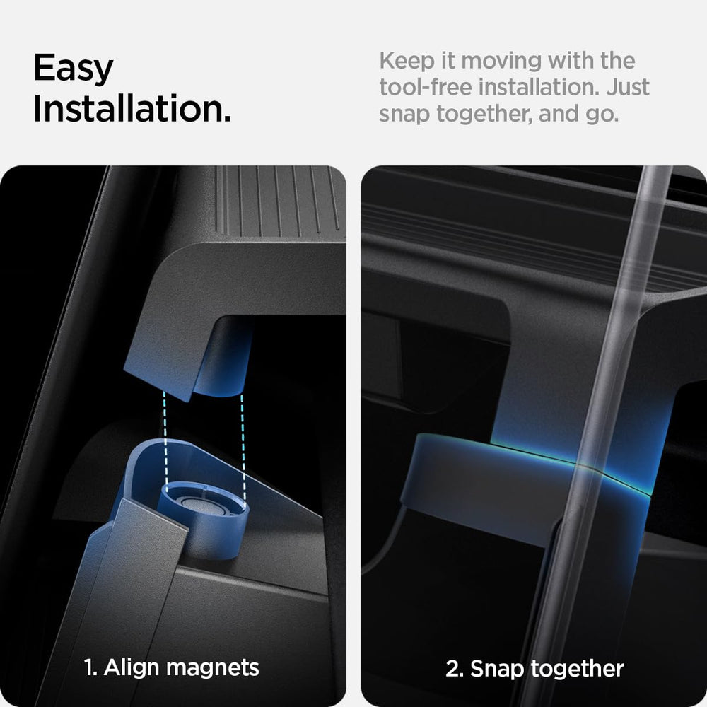 Spigen under-screen storage for Tesla Model 3 Highland deep padding reduces rattle and stabilizes items