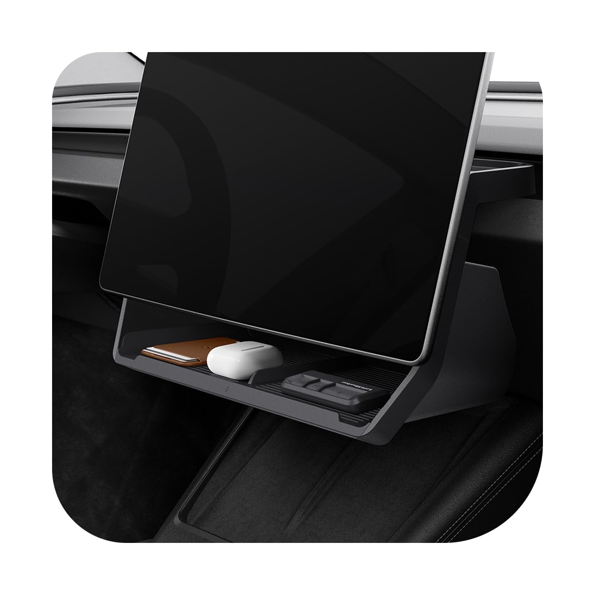 Spigen under-screen storage for Tesla Model Y Juniper barrier keeps items secure during drives