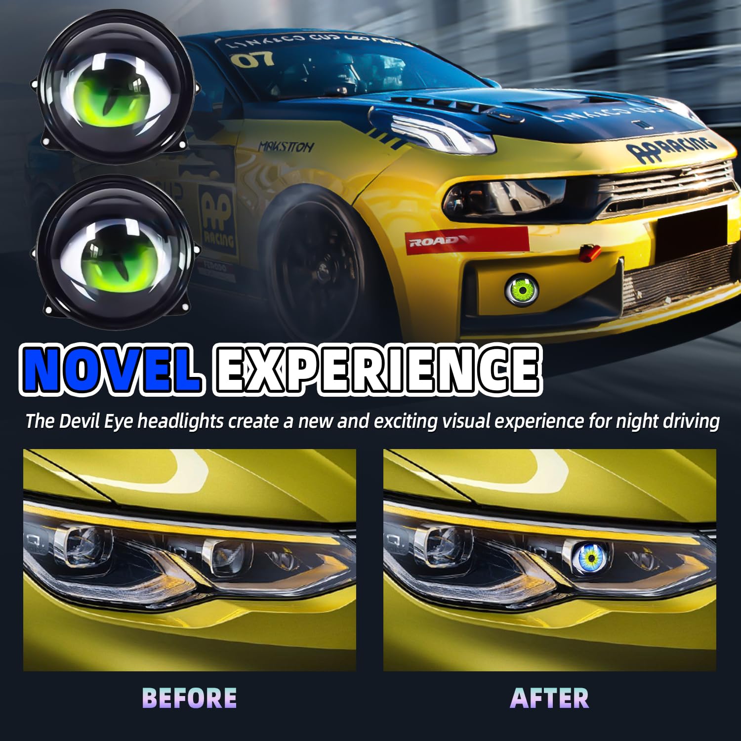 SPNANMA demon eye headlights 6-patterns demo for personalized vehicle style.