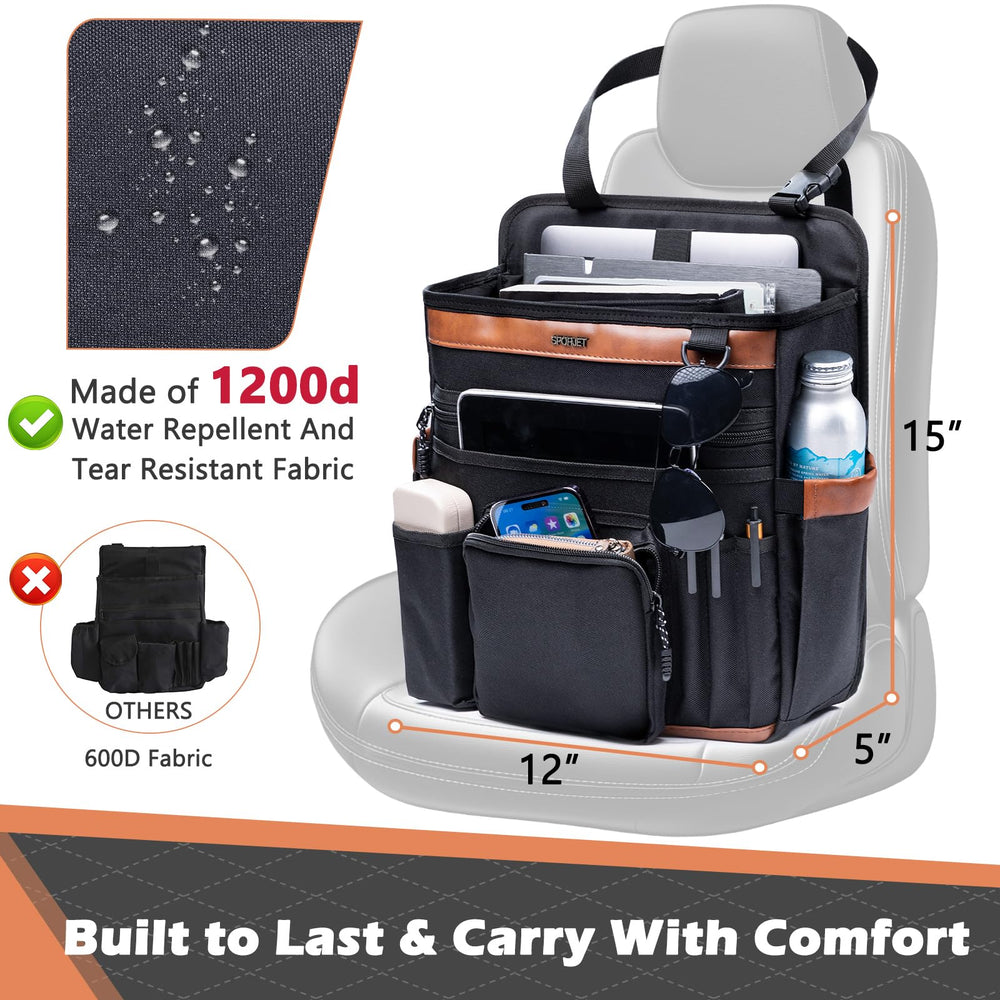 SPORJET organizer with multiple pockets keeps documents, pens and phone organized.