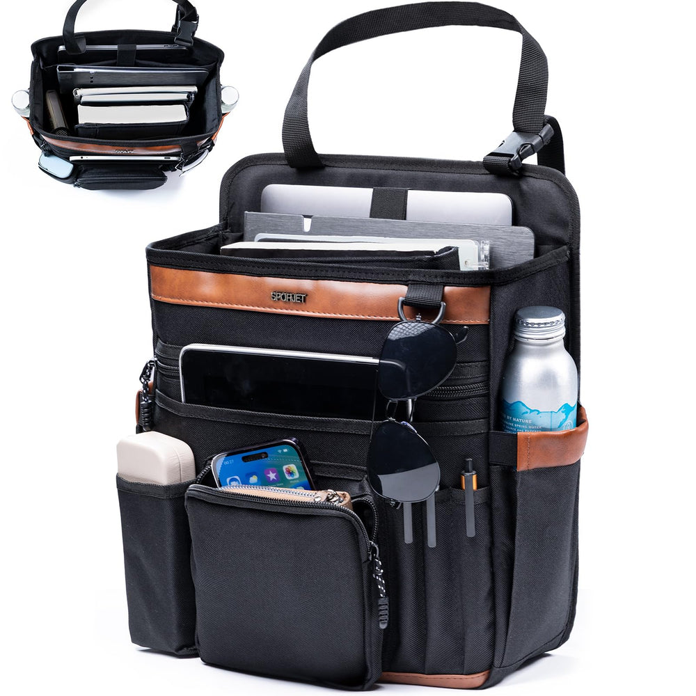 SPORJET car seat organizer style A front seat setup keeps essentials within reach.
