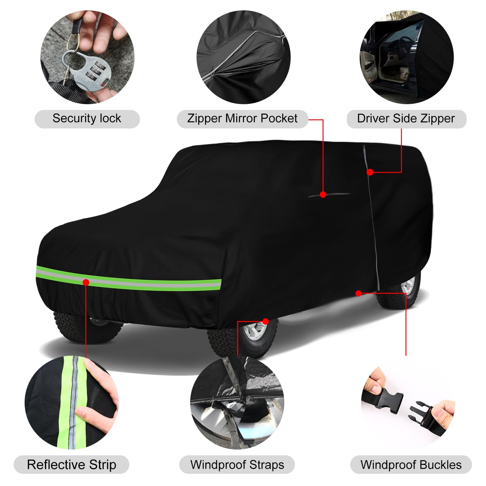 Sportuli Bronco cover side view highlights left zipper door for easy access.