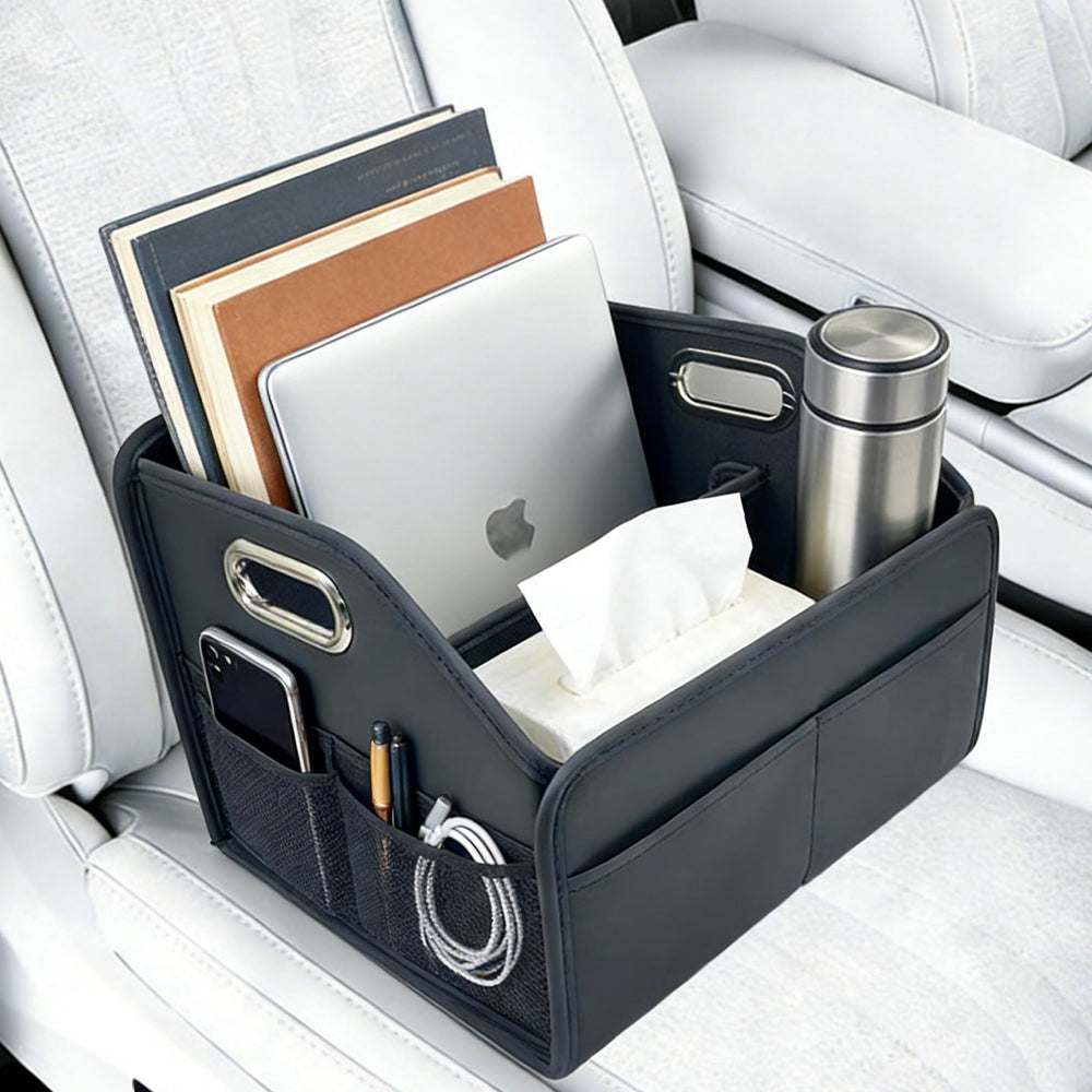 SportySizz front seat organizer with 8 compartments for quick access while driving.