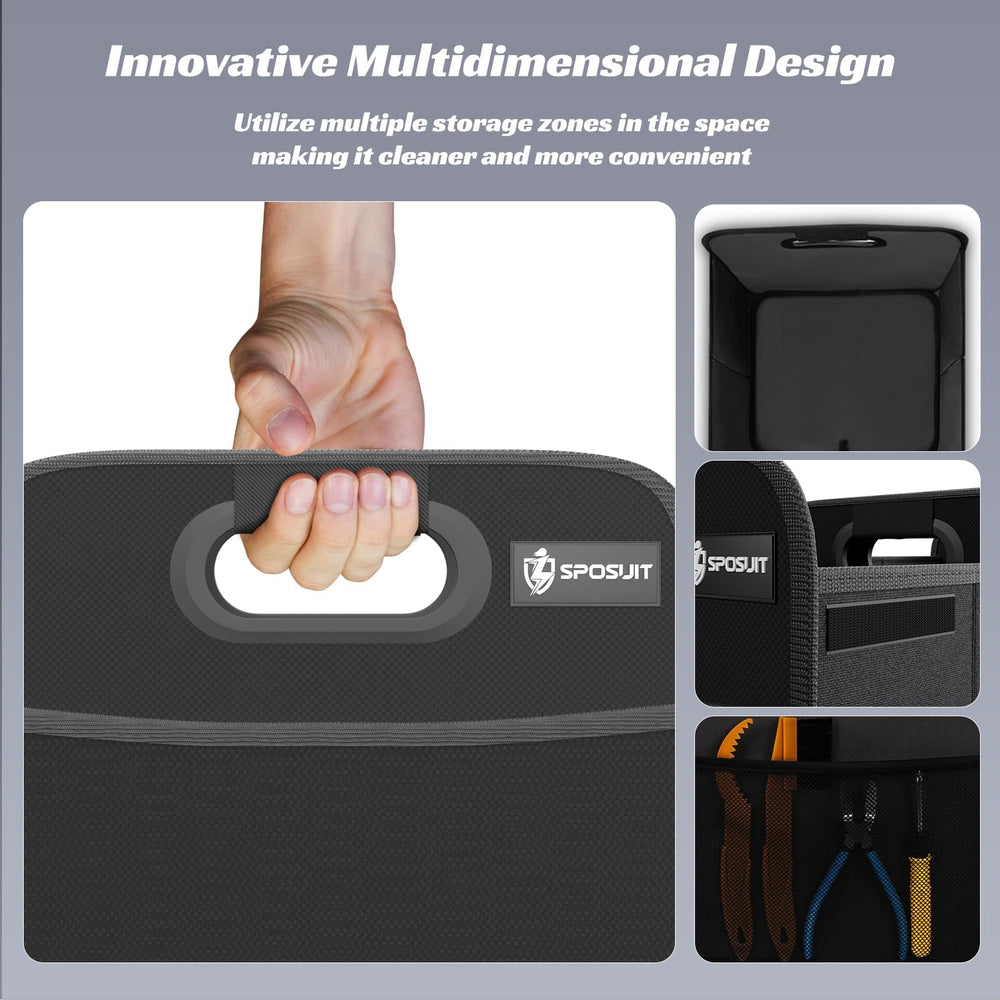 Sposuit collapsible trunk organizer folds flat for compact storage when not in use.