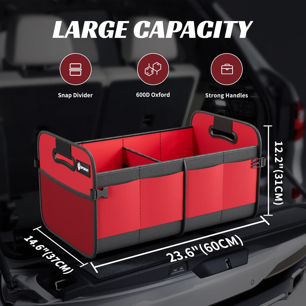 Sposuit trunk organizer showing 11 pockets for organized groceries