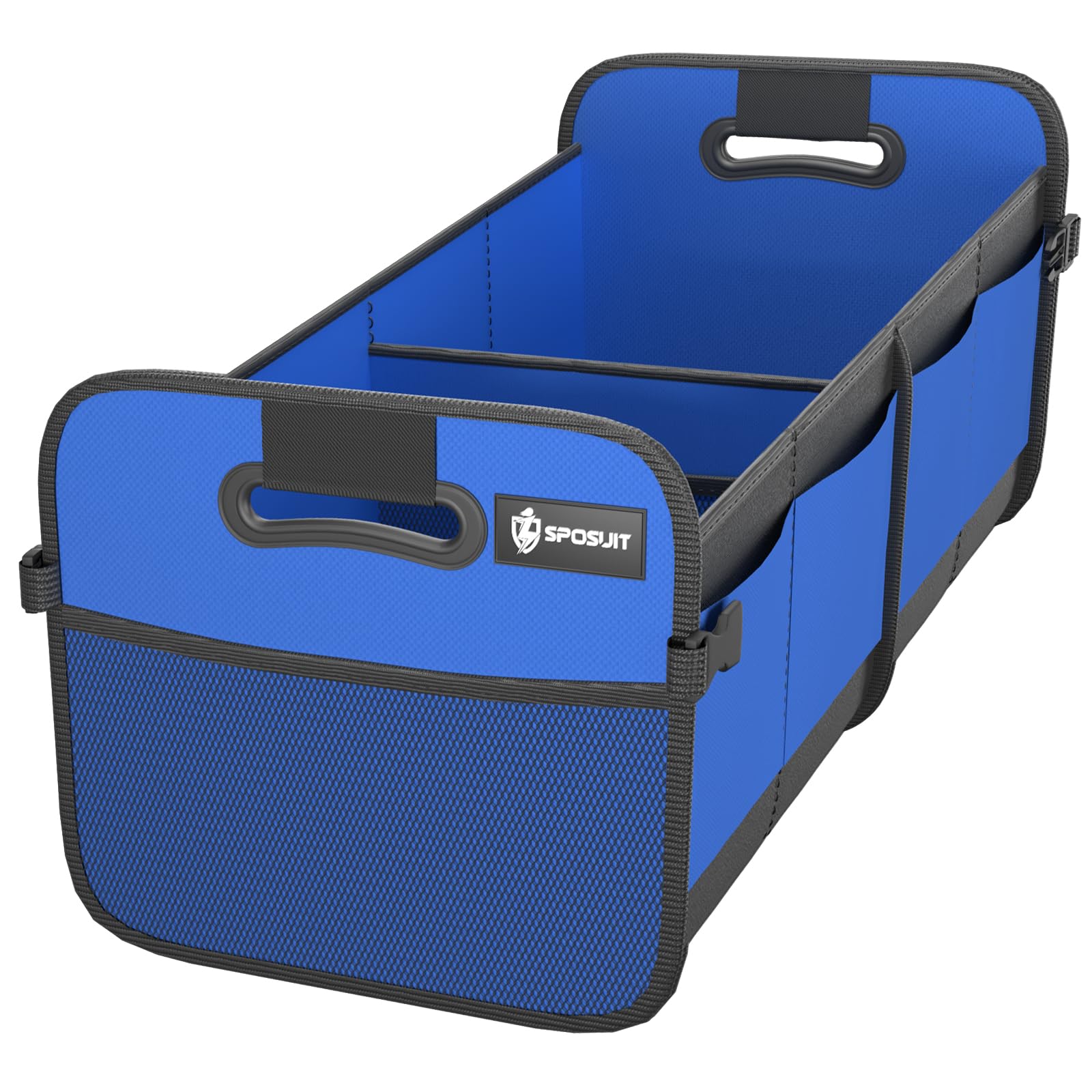 Sposuit Trunk Organizer Blue in front view keeps groceries neatly organized during trips