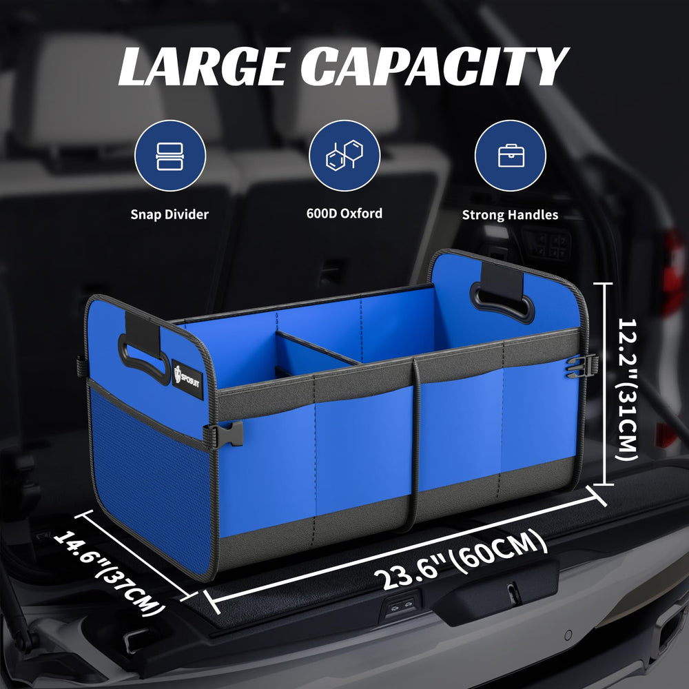 Sposuit Trunk Organizer Blue with lid open reveals 11 pockets for tools and groceries