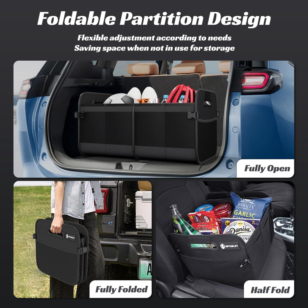 Sposuit trunk organizer features large compartments for bulky groceries.