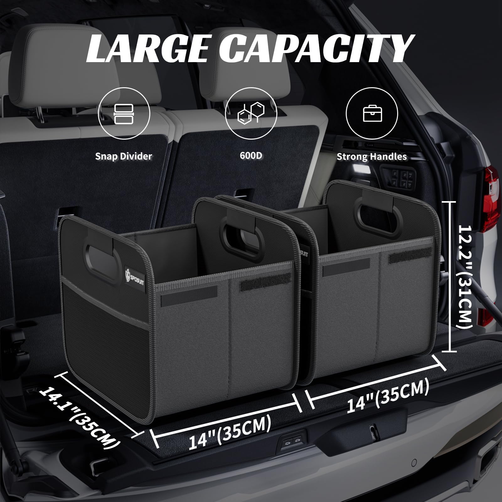 Sposuit trunk organizer with reinforced handles for easy lifting and relocation.