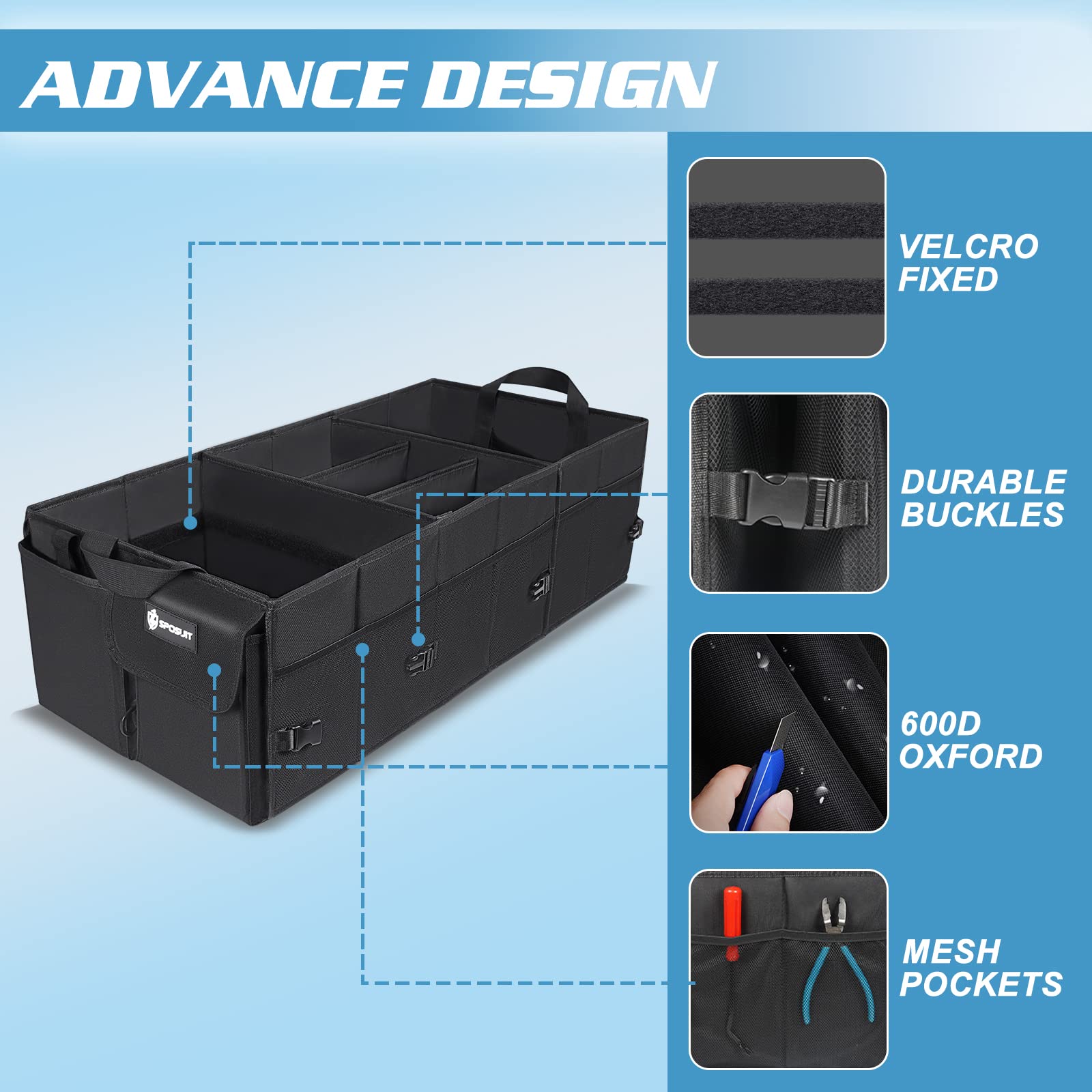 Sposuit Trunk Organizer secure straps prevent shifting for stable road trips