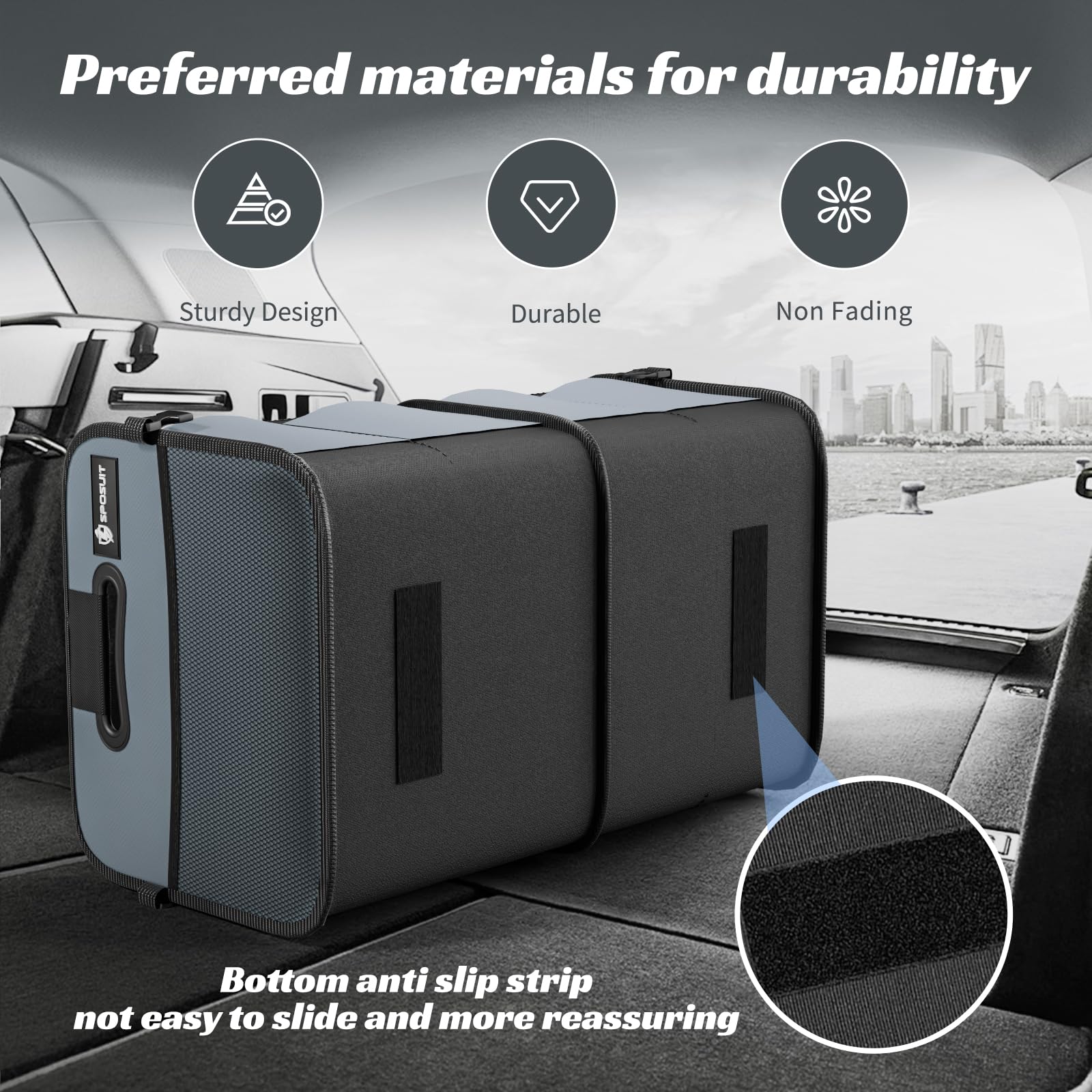 Sposuit trunk organizer showing two main compartments for organized items.