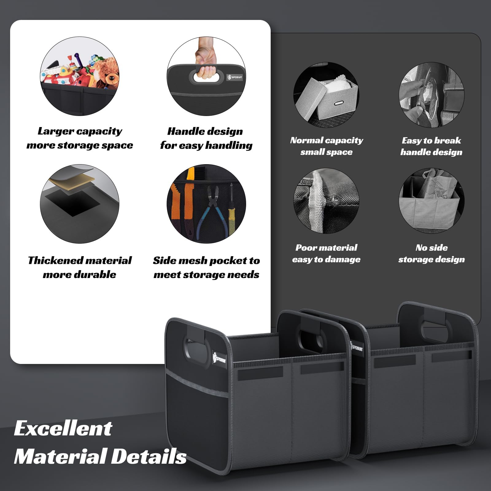 Sposuit trunk organizer secured by Velcro to prevent shifting during drives.