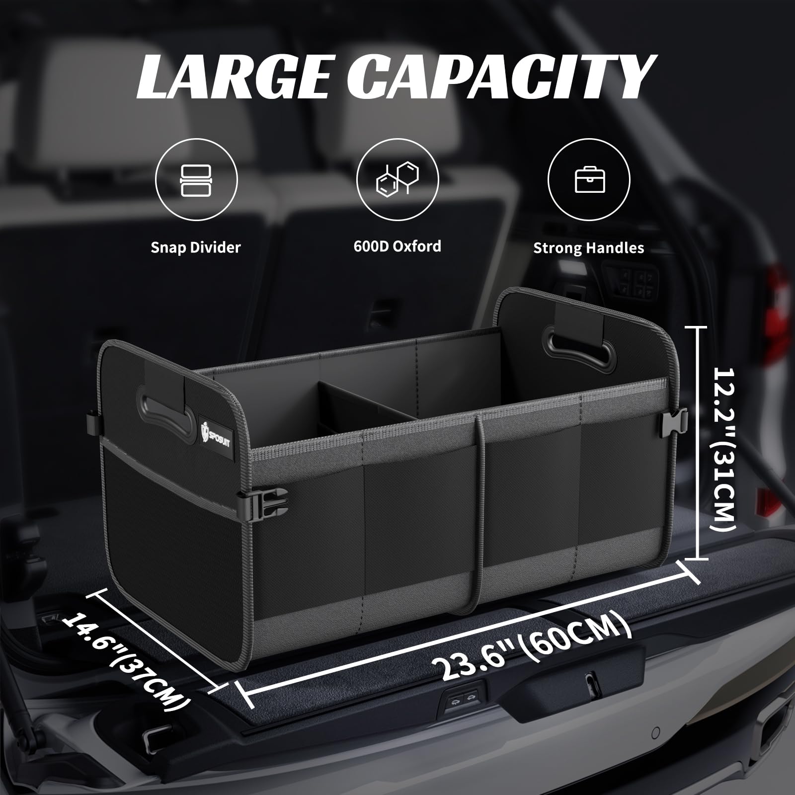 Sposuit trunk organizer with velcro-secured fold prevents shifting during travel.