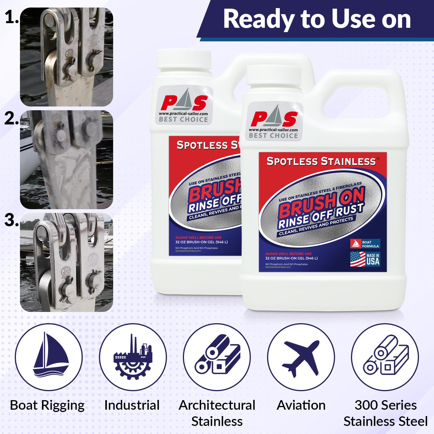 Spotless Stainless before and after rust removal on boat fittings