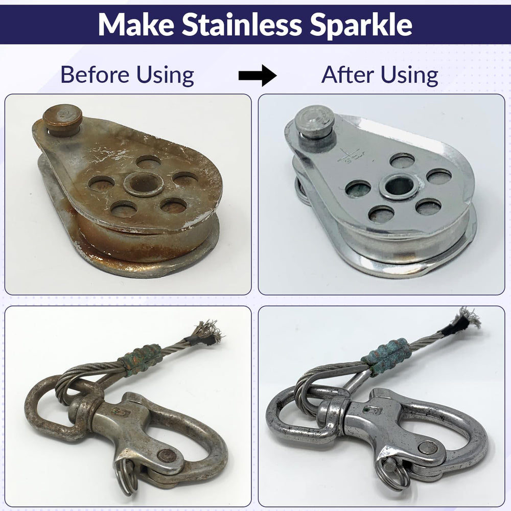 Spotless Stainless brush-on rust removal in action on stainless rail