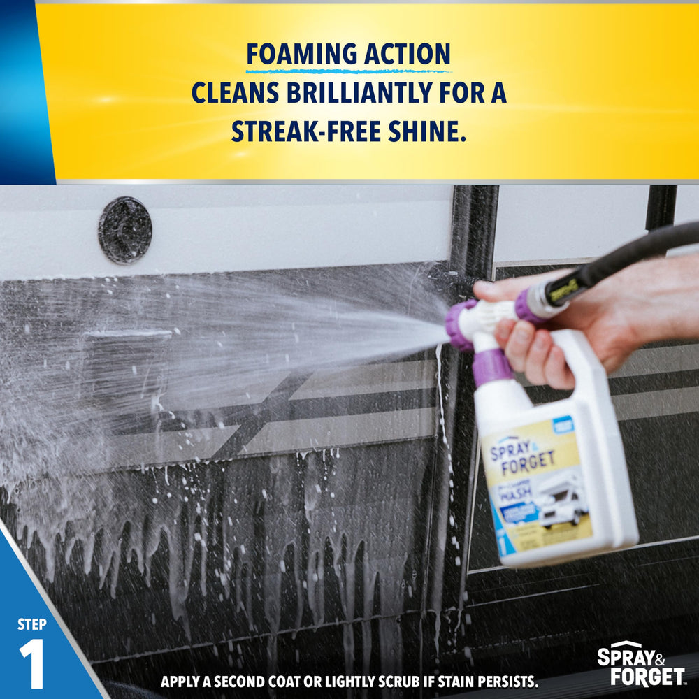 Spray & Forget RV & Camper Wash application on side panel enables easy cleaning