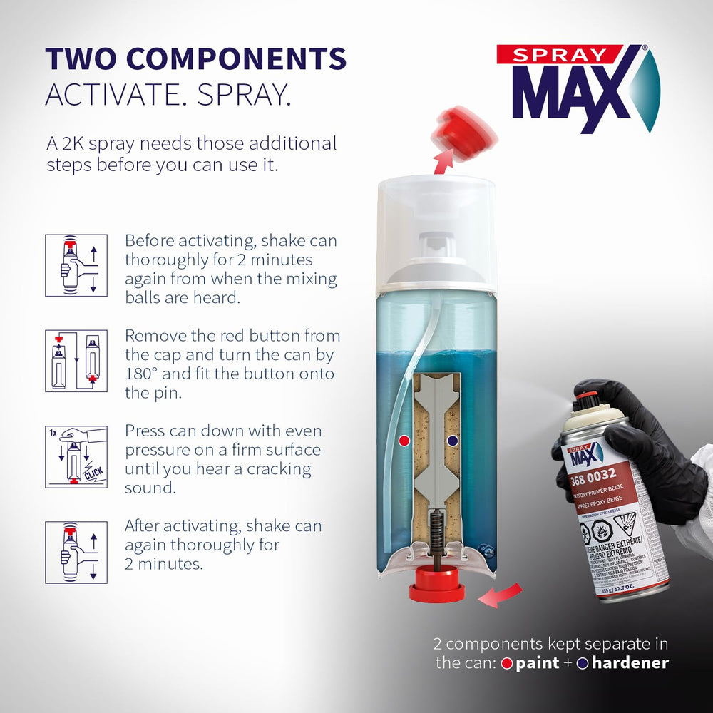 SprayMax 2K Epoxy Primer Beige variable nozzle for precise coverage.