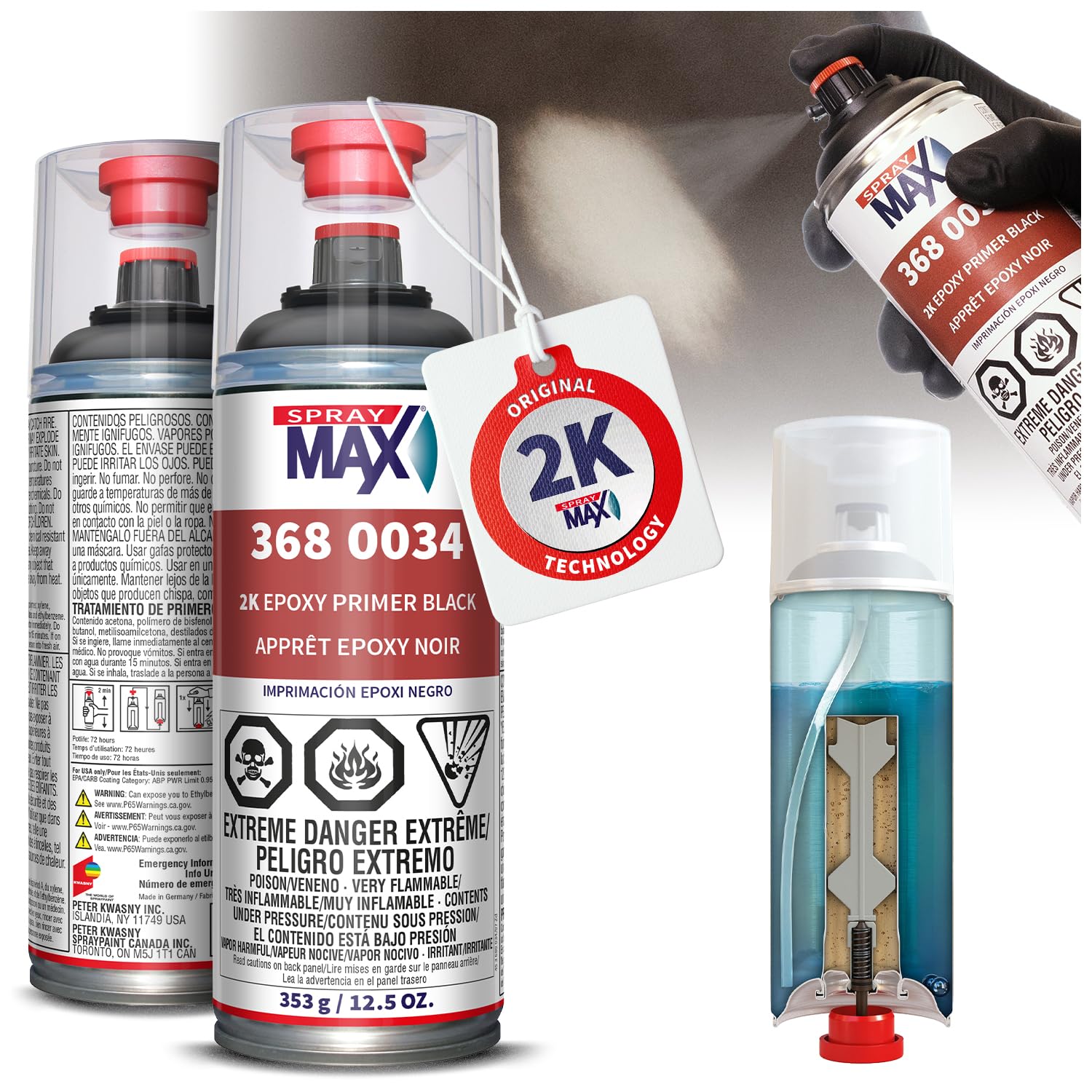 SprayMax 2K Epoxy Primer Black front view on metal surface for corrosion protection.