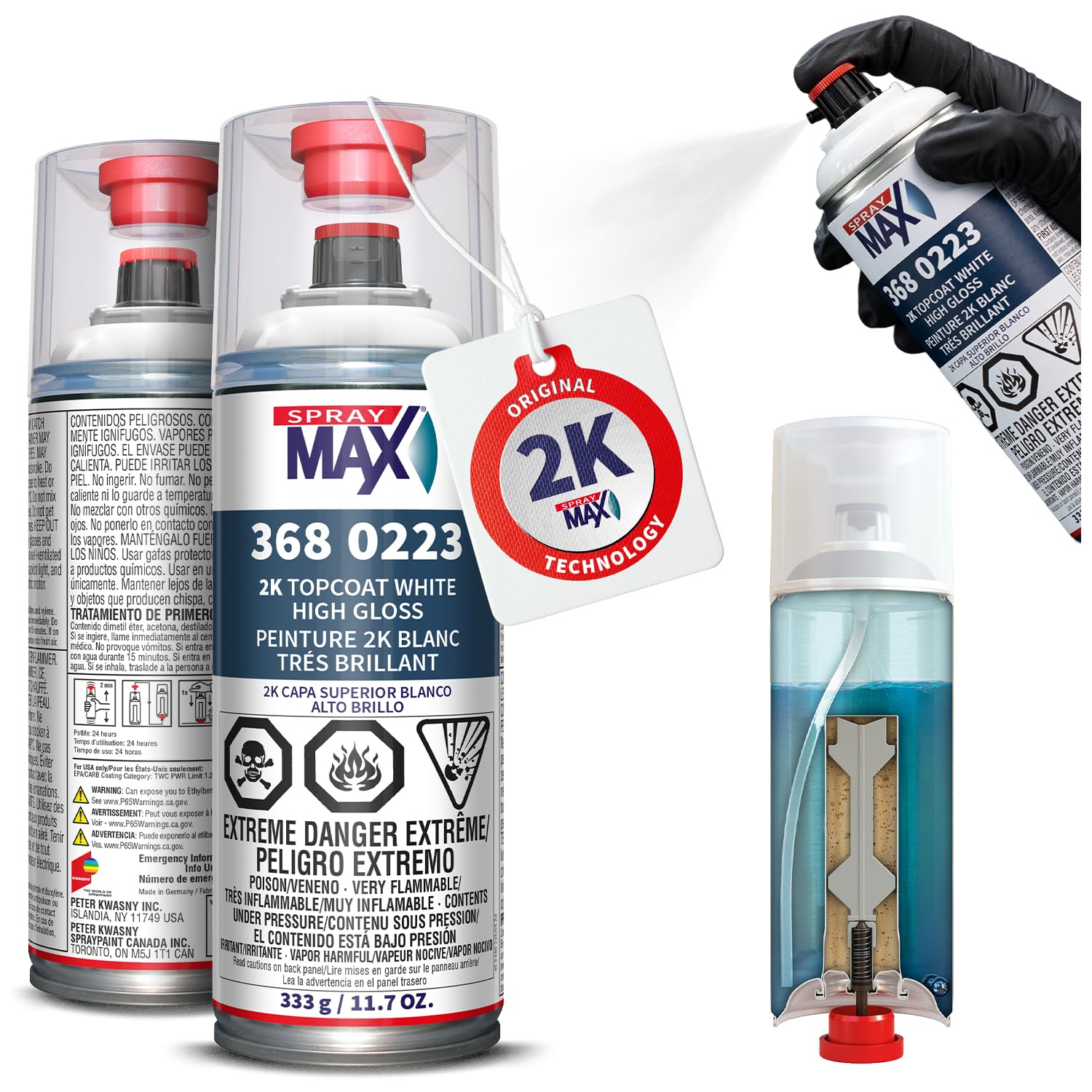 SprayMax 2K Topcoat White bottle with dual-chamber design for precise activation.