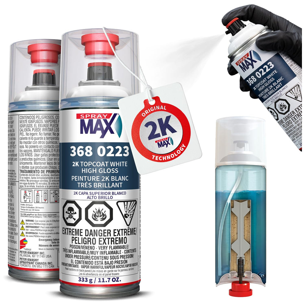 SprayMax 2K Topcoat White bottle with dual-chamber design for precise activation.