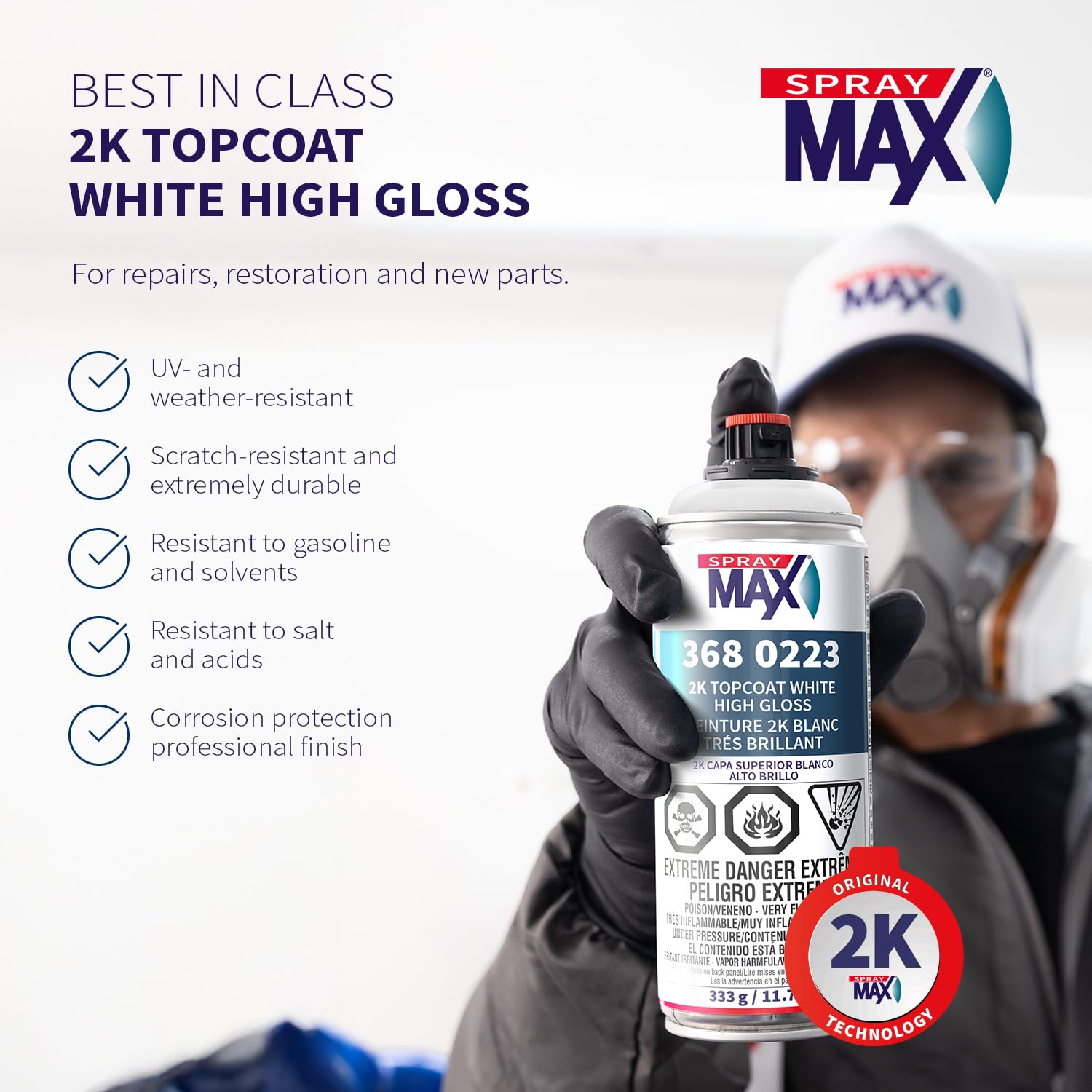SprayMax 2K Topcoat White can in action over a metal surface.