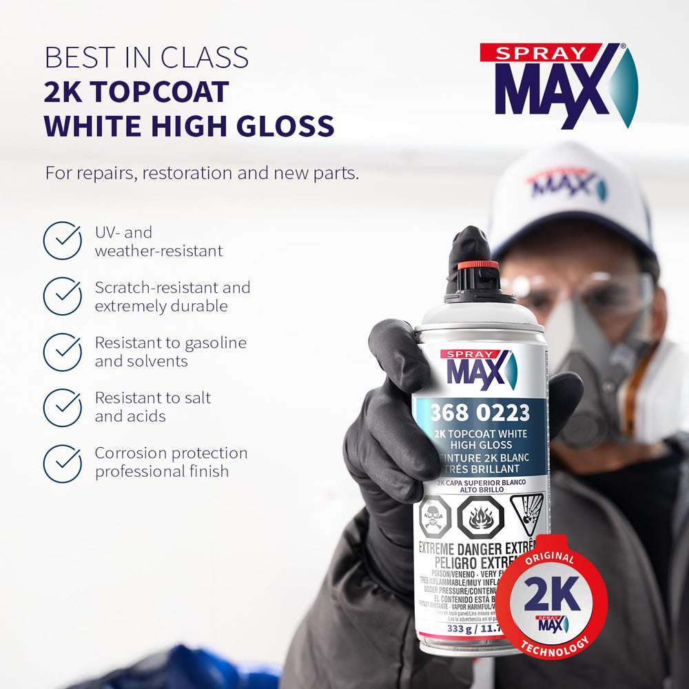 SprayMax 2K Topcoat White can in action over a metal surface.
