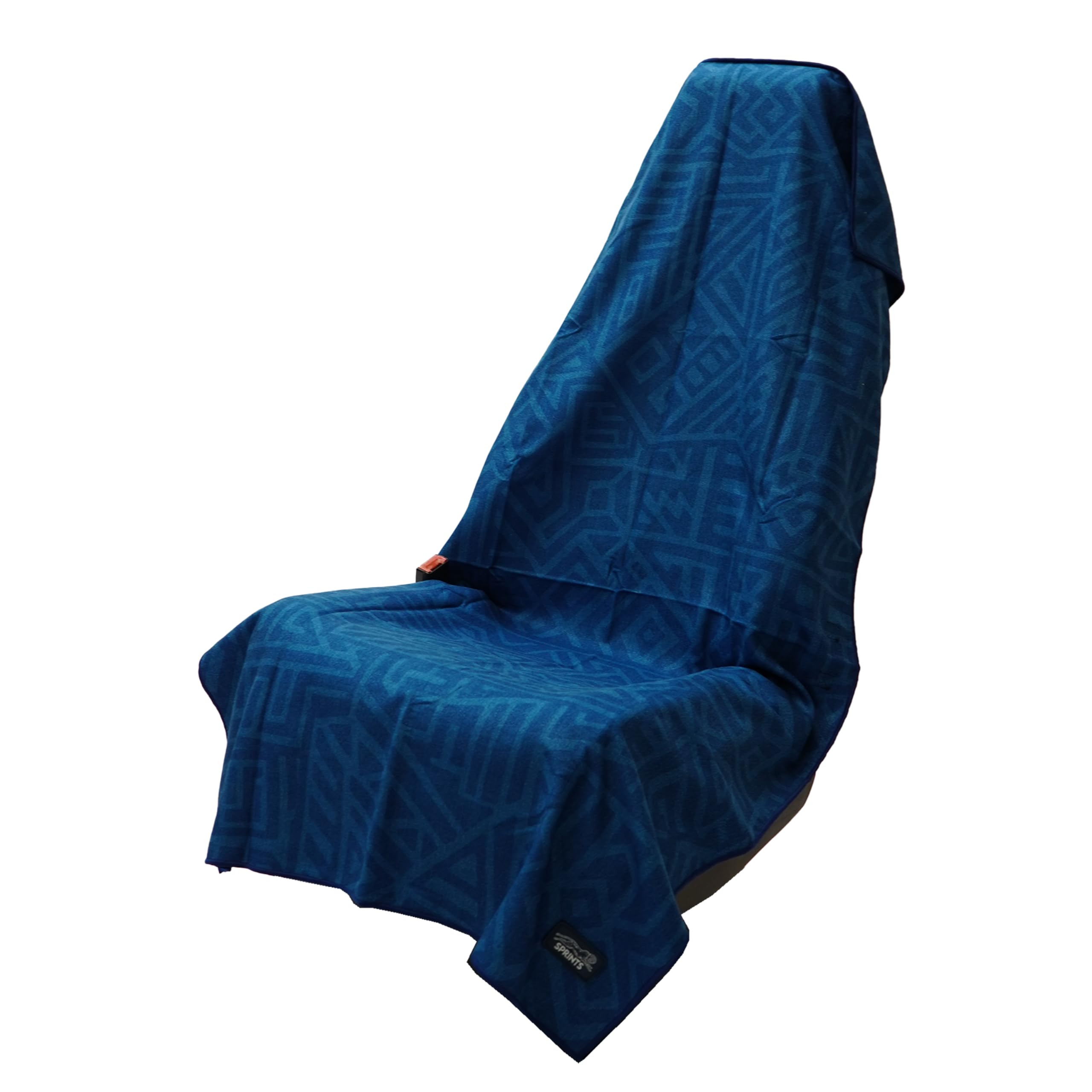 Sprints athletic running towel full-sized draped over car seat for sweat absorption.