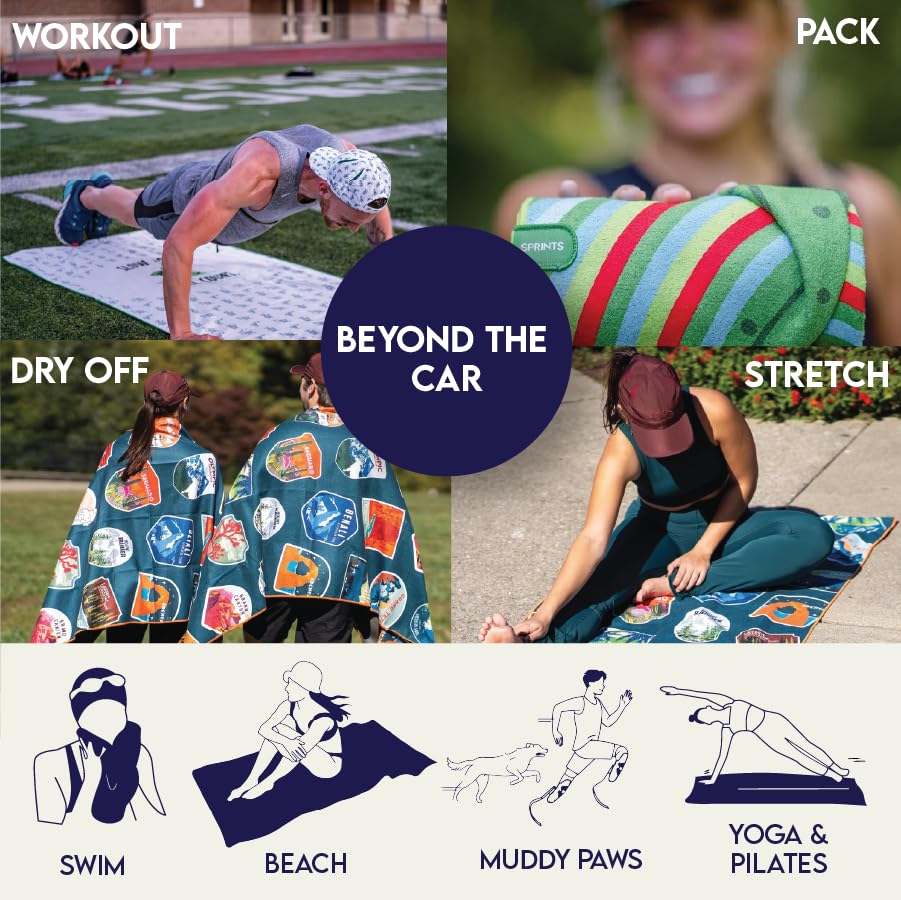 Sprints towel folds to burrito size for easy travel and packing.