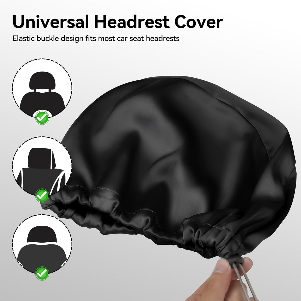Sprouterie easy-install satin headrest cover slipping over a headrest.
