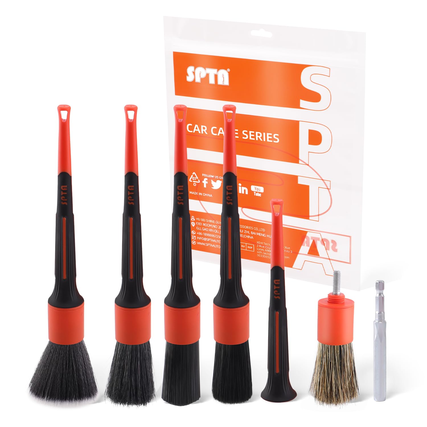 SPTA car detailing brush set with drill adapter for deeper interior cleaning