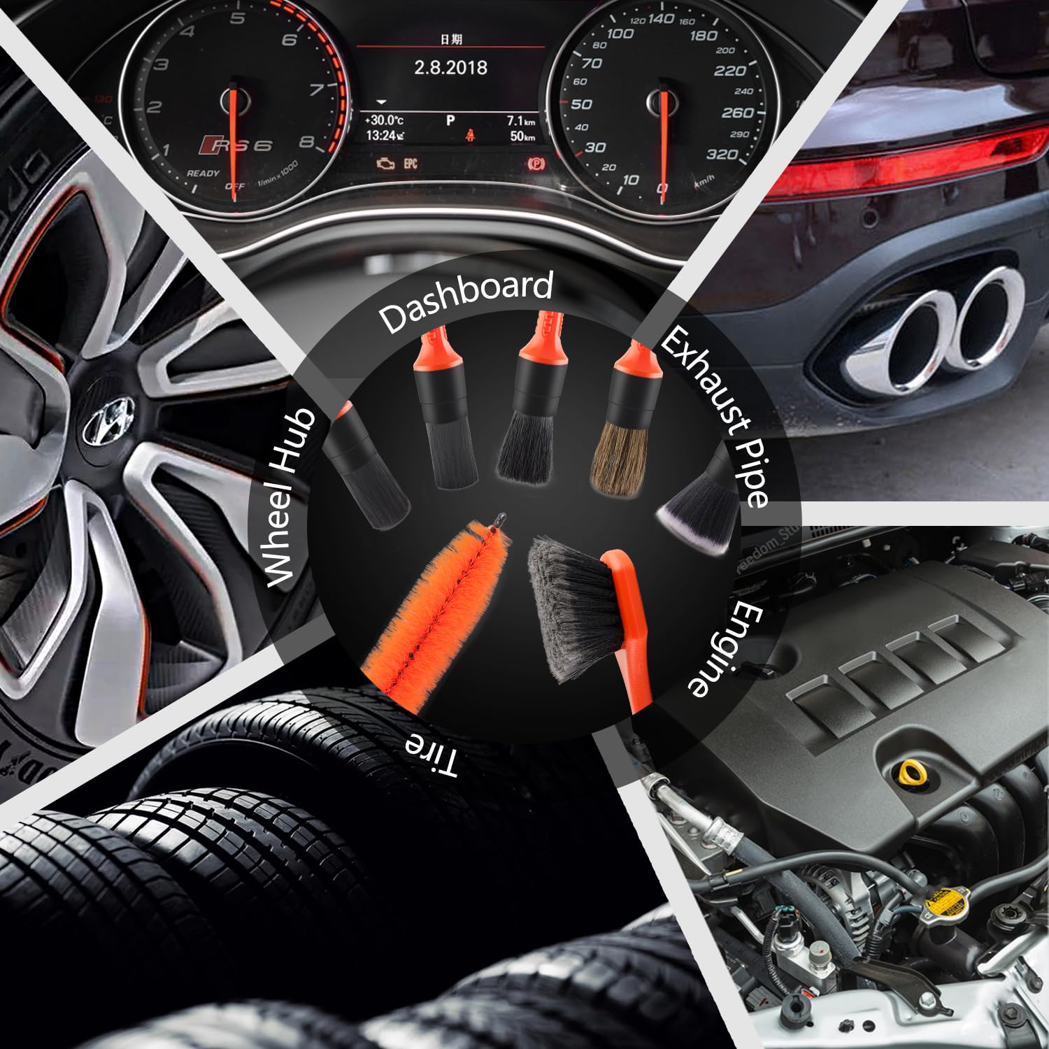 SPTA car detailing brushes tackle grills, engine bays, and vents.