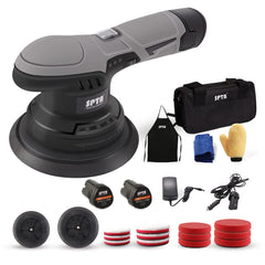 SPTA cordless car buffer polisher assembly showing portable, wire-free design for easy handling.