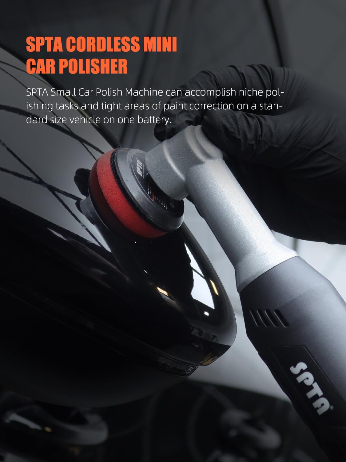 SPTA Cordless Mini Car Polisher cordless advantage communicates freedom from cords during mobile polishing