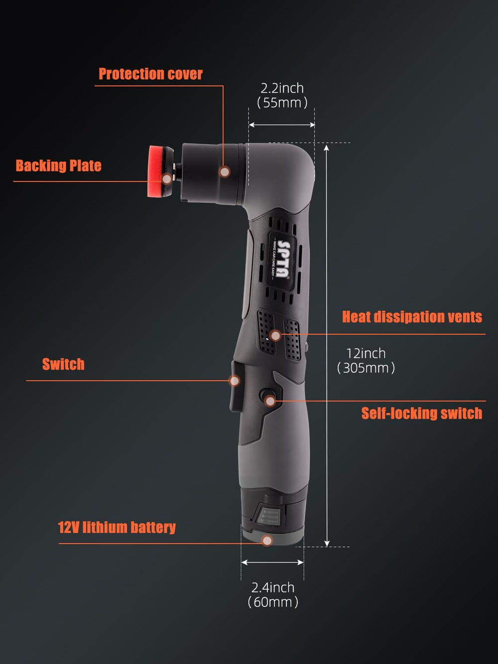 SPTA cordless mini polisher side view showing lightweight form for easy handling.