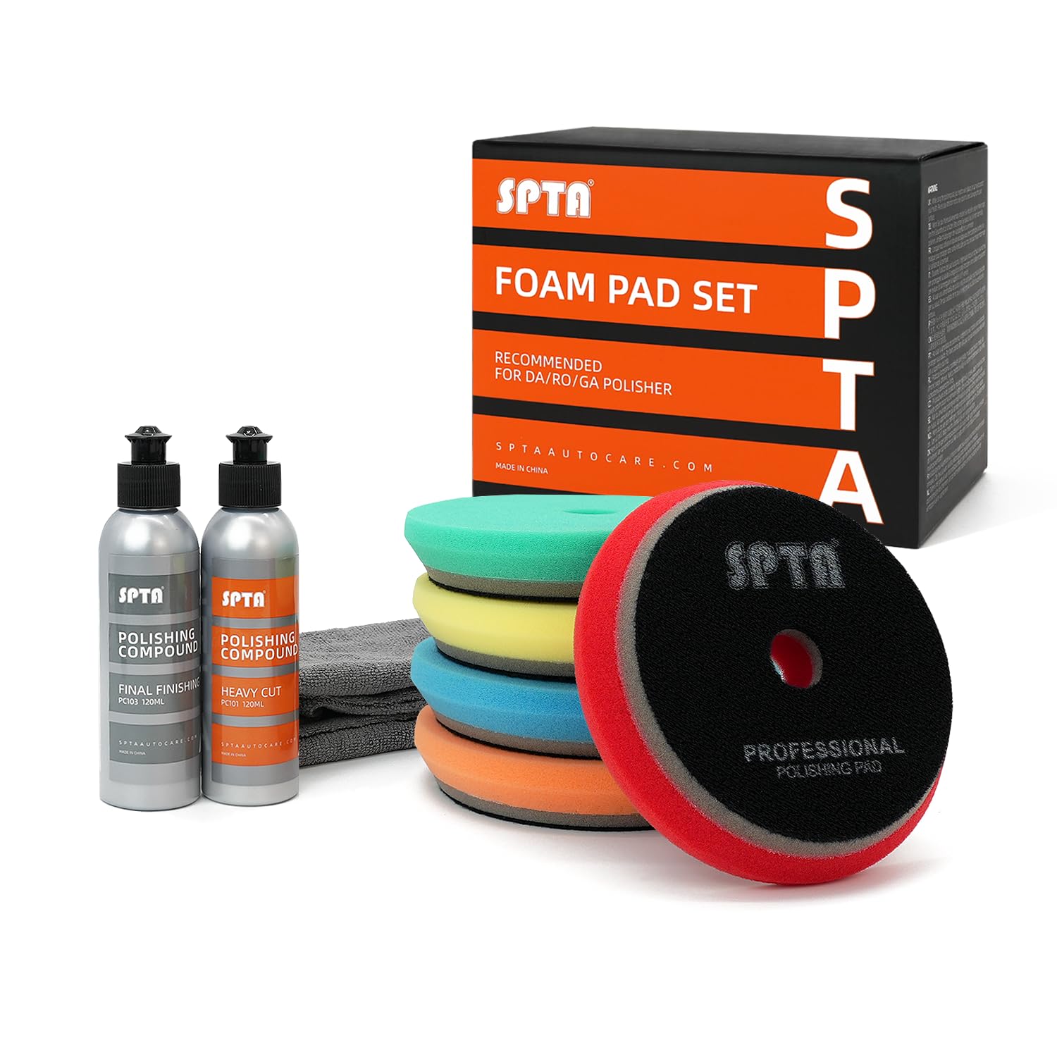 SPTA pad with hook-and-loop backing for easy swapping during polishing.