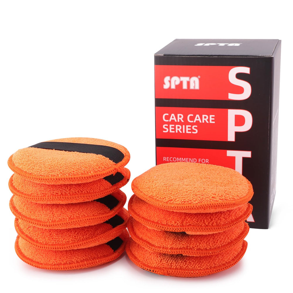 SPTA microfiber applicator pad 9pcs 5inch for smooth wax application on vehicle surfaces.