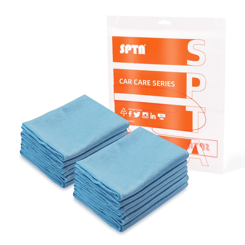 SPTA Ultra Fine Microfiber Cloth for glass in blue, 16x16, 12-pack, gentle on surfaces.