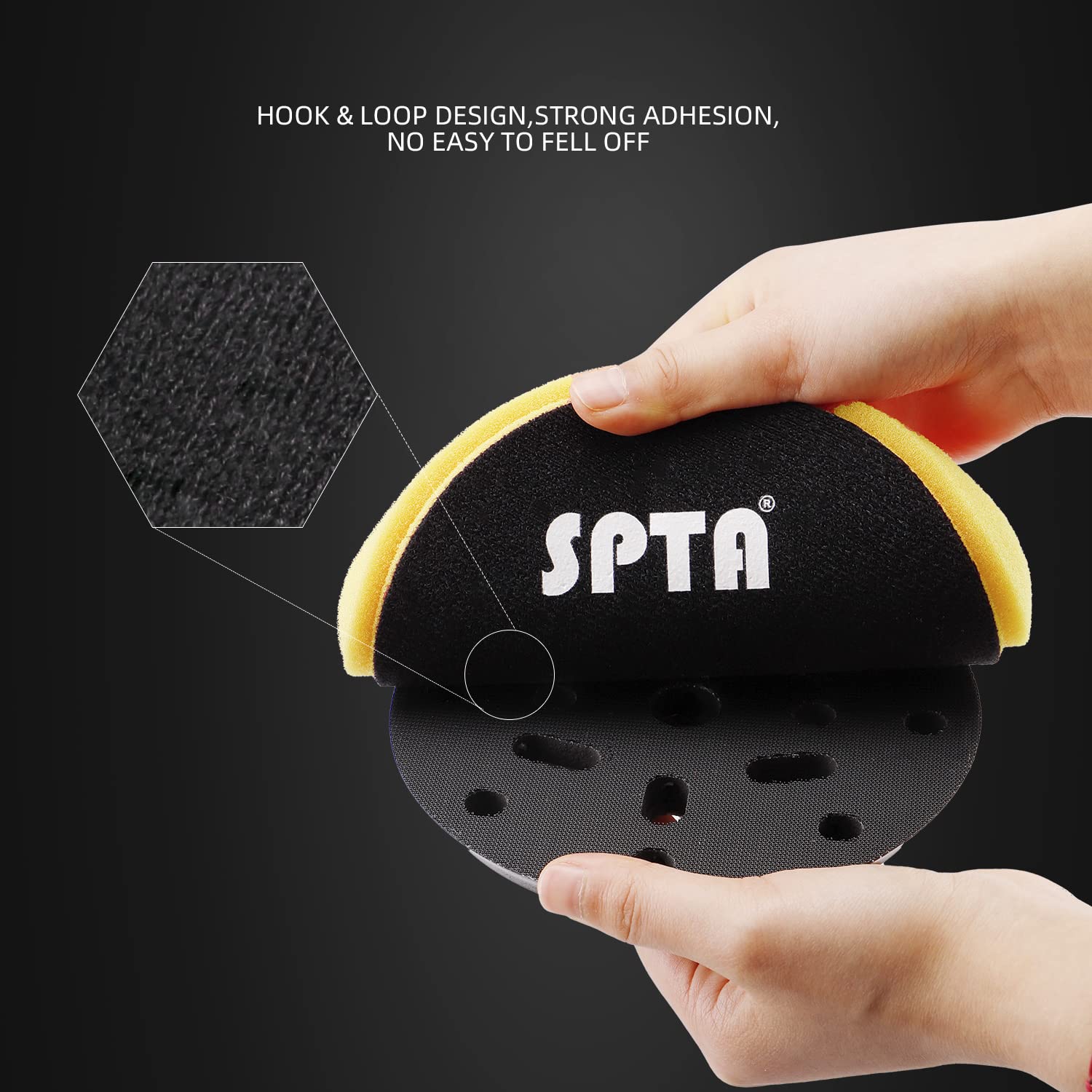 SPTA Yellow T80 pad in hand demonstrates ergonomic handling for polishing