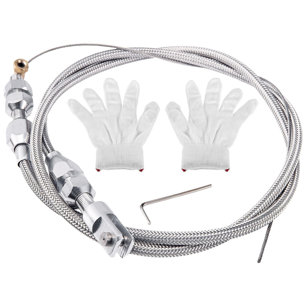 Spurtar 36in braided throttle cable with aluminum fittings shown close-up